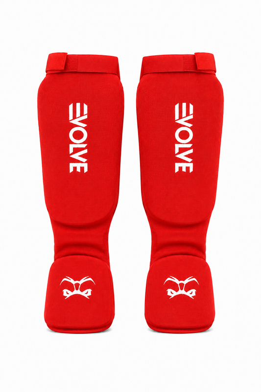 Evolve Shin Guards - Red | Padded Martial Art Shin and Instep Guards for Kickboxing MMA Boxing Muay Thai Karate