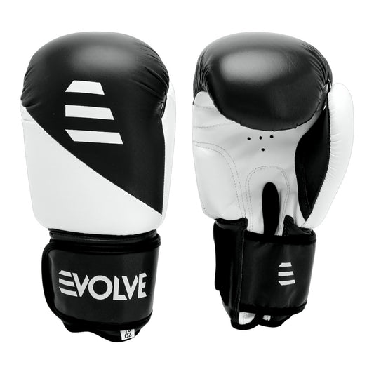 Evolve Kickboxing Gloves - Black and White | Foam Padded Boxing and Kickboxing Gloves with Adjustable Straps